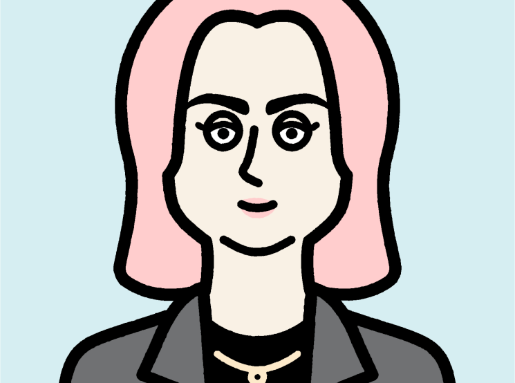 Illustrated portrait of a woman with pink shoulder-length hair wearing a gray blazer