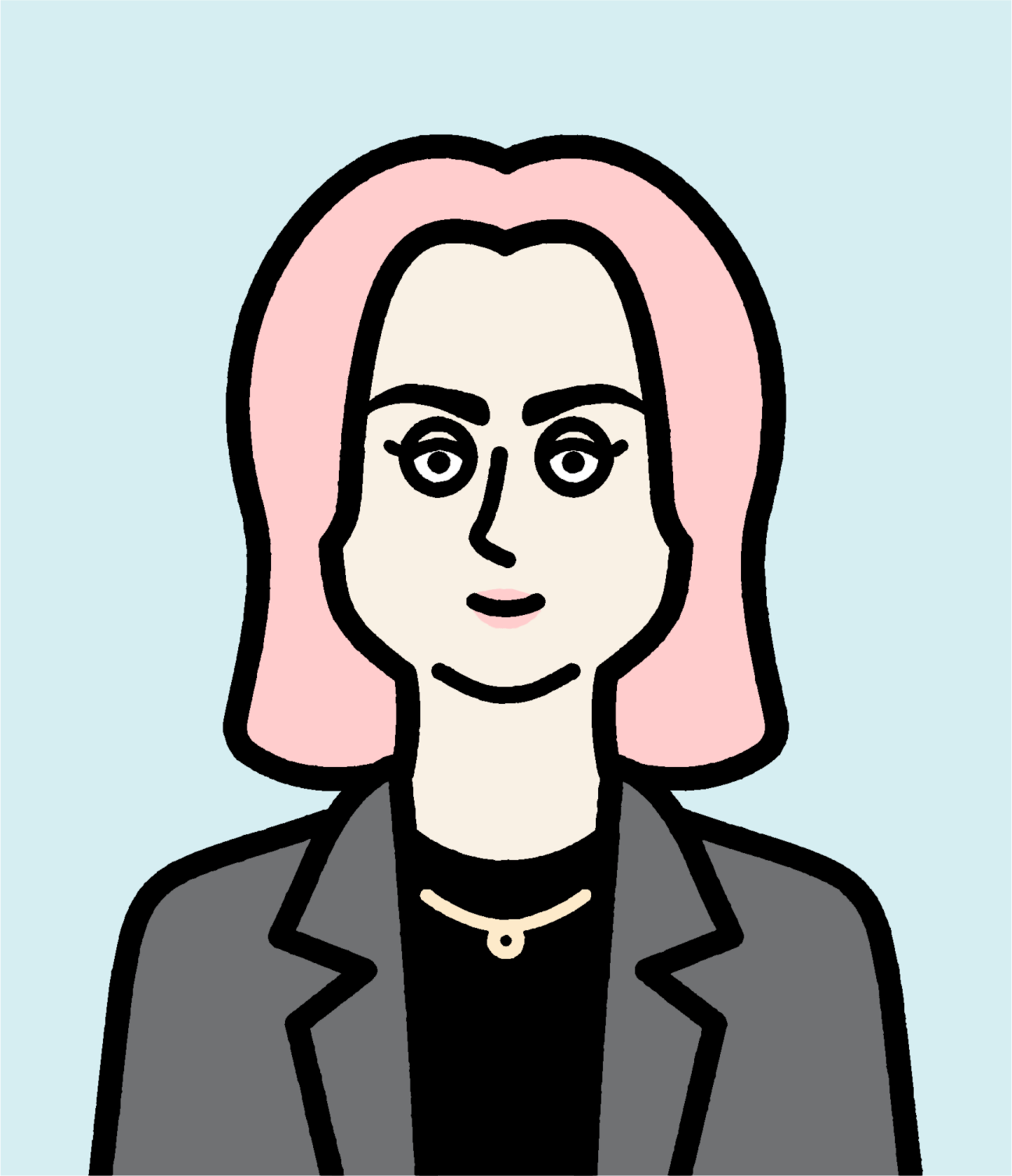 Illustrated portrait of a woman with pink shoulder-length hair wearing a gray blazer