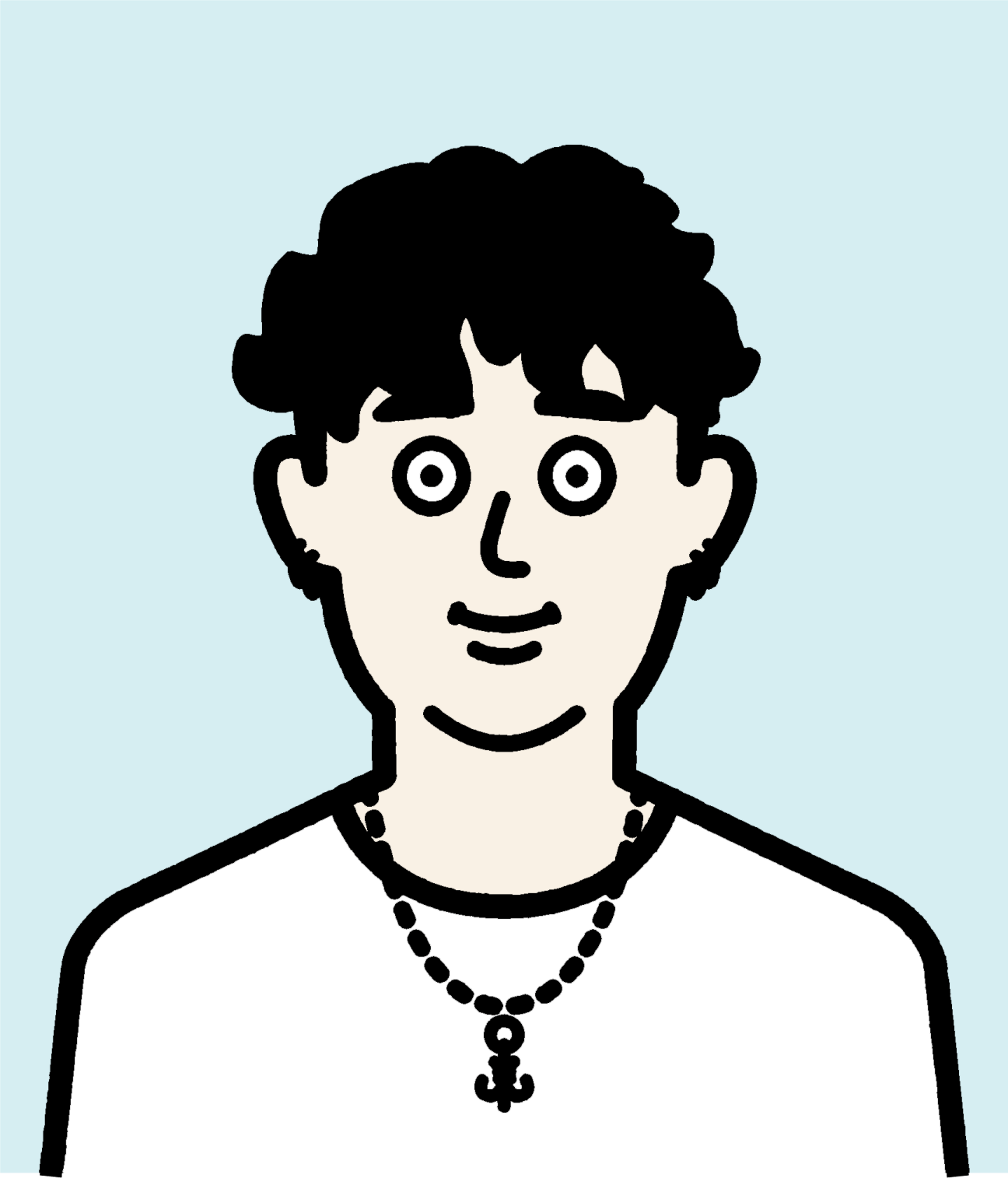 Illustration of a person with dark wavy hair and a necklace wearing a white shirt against a light blue background.