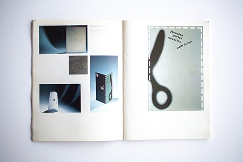 Open book pages displaying print design materials and photographs from Lyon's Conservatory of Music.