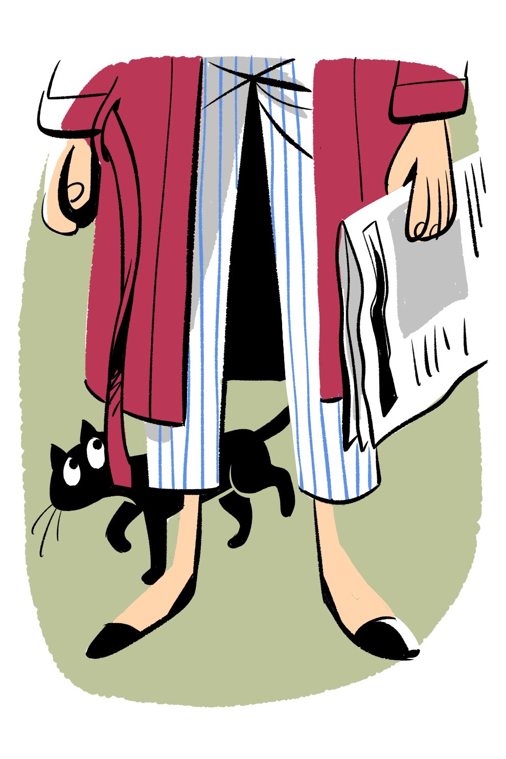 Illustration of a woman wearing a red coat and blue striped dress holding a black cat, depicting fashion and style.