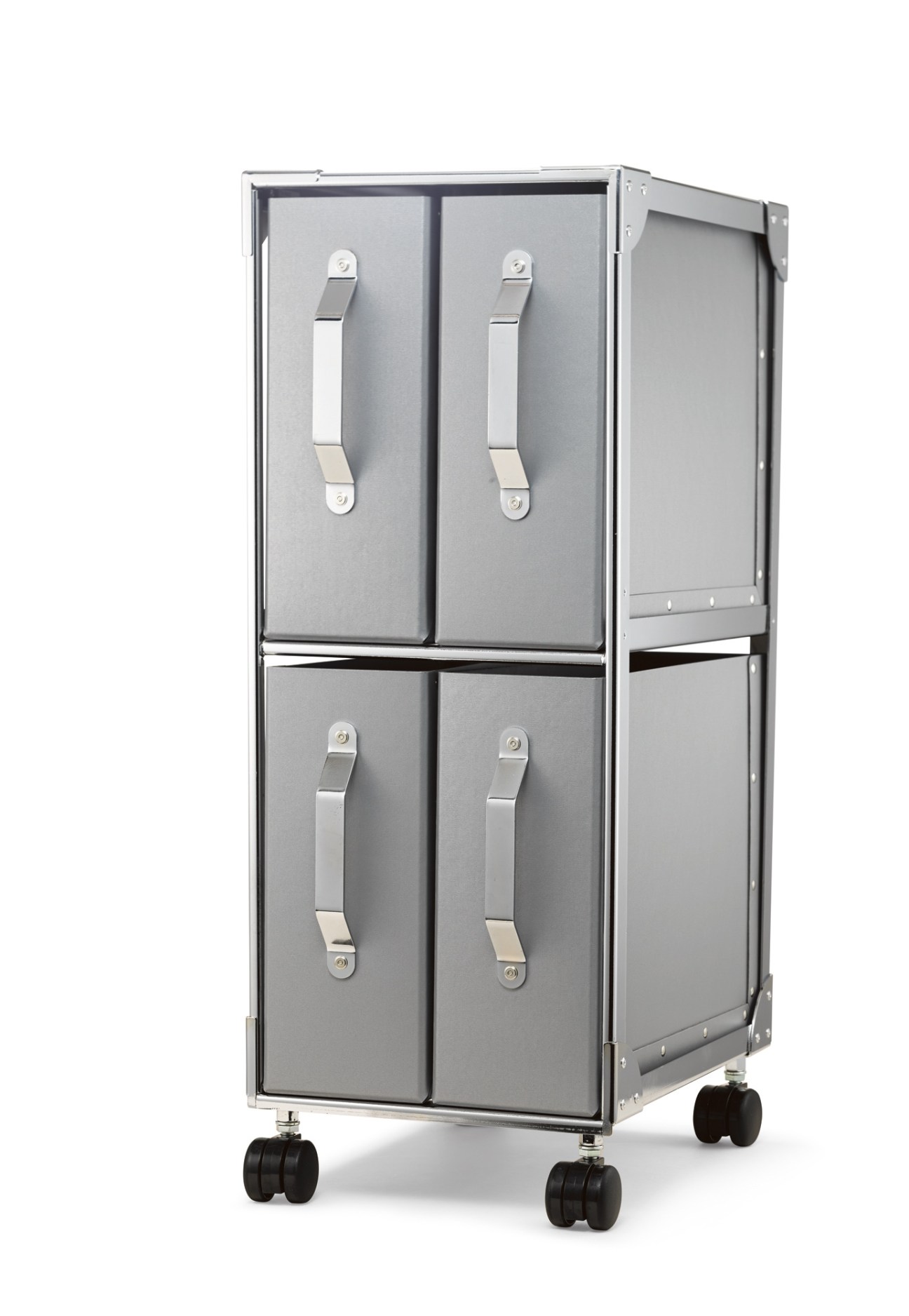 Any Box modular storage unit by Think of Things with gray compartments and metal handles on casters.