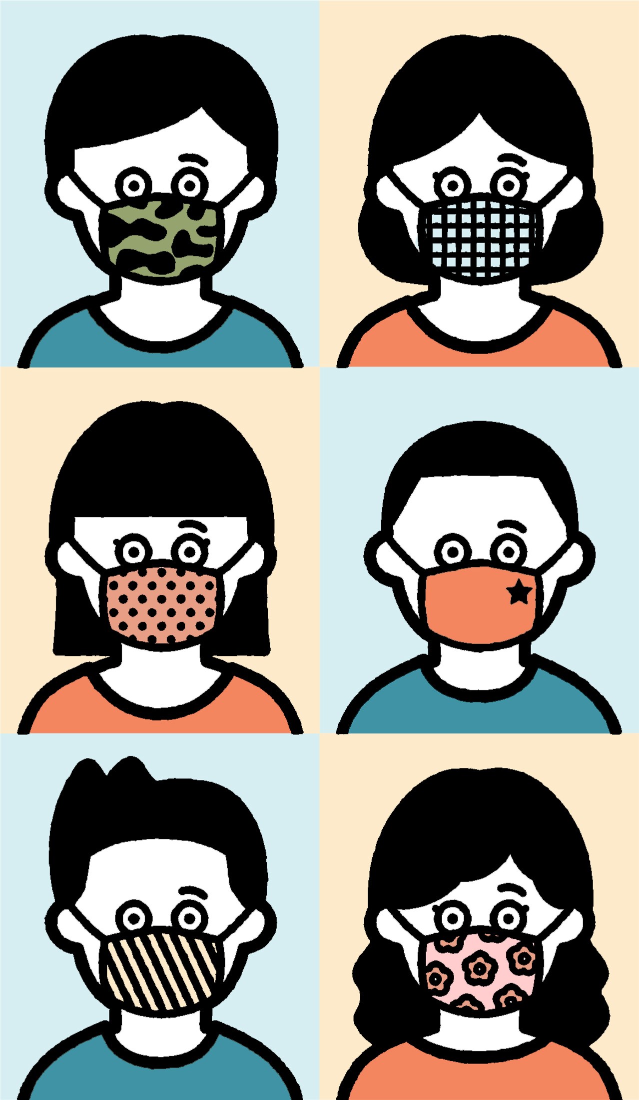 Illustration of six stylized female faces wearing different patterned masks in various colors and designs.