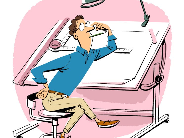 Cartoon illustration of a man at a drafting table with an adjustable lamp, sketching architectural plans.