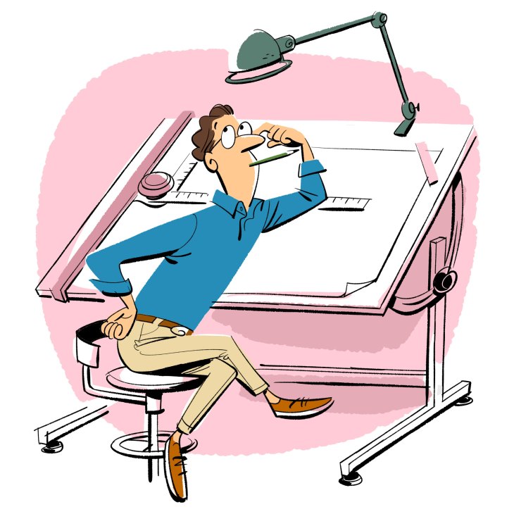 Cartoon illustration of a man at a drafting table with an adjustable lamp, sketching architectural plans.