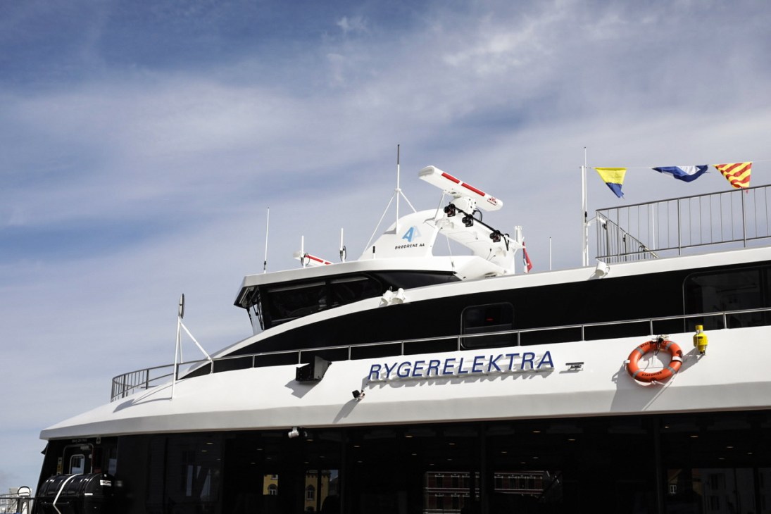 Rygerelektra electric ferry sailing through Norwegian fjord waters