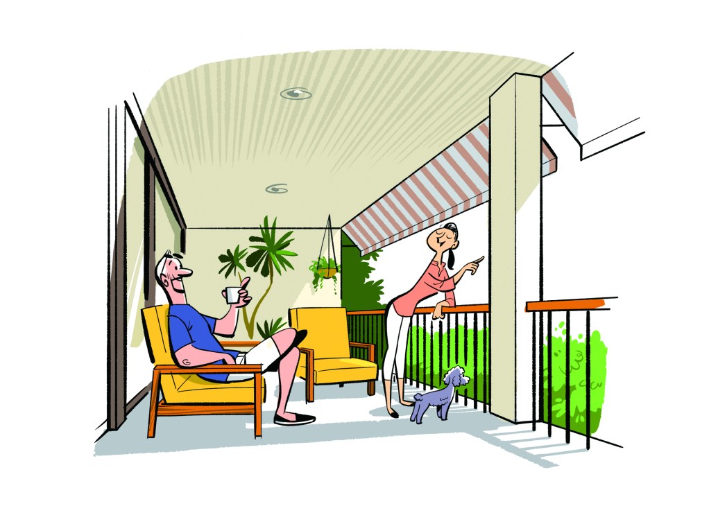 A covered balcony or terrace with people relaxing, featuring outdoor furniture and plants in an urban residential setting