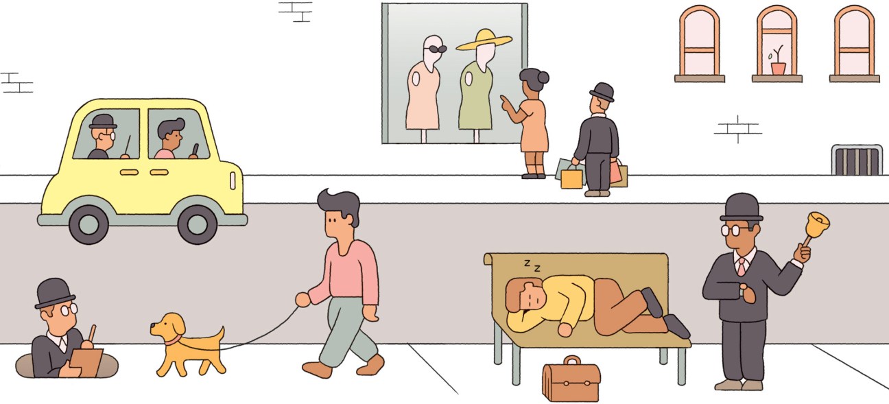 Street scene illustration showing people engaged in various tracking activities with smartphones and devices