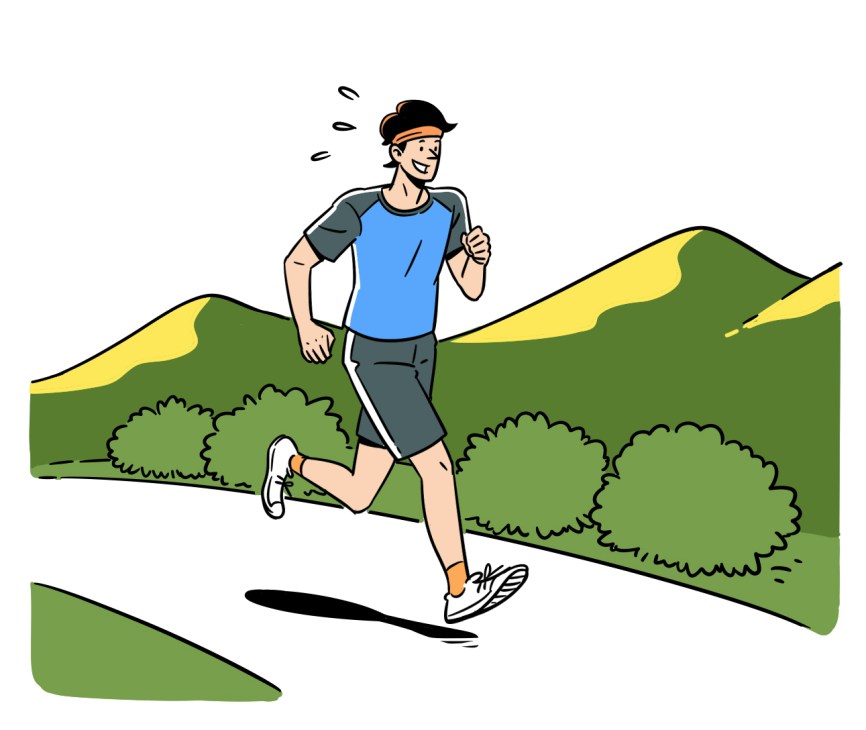 Smiling man in blue shirt and shorts running outdoors with hills and bushes in background