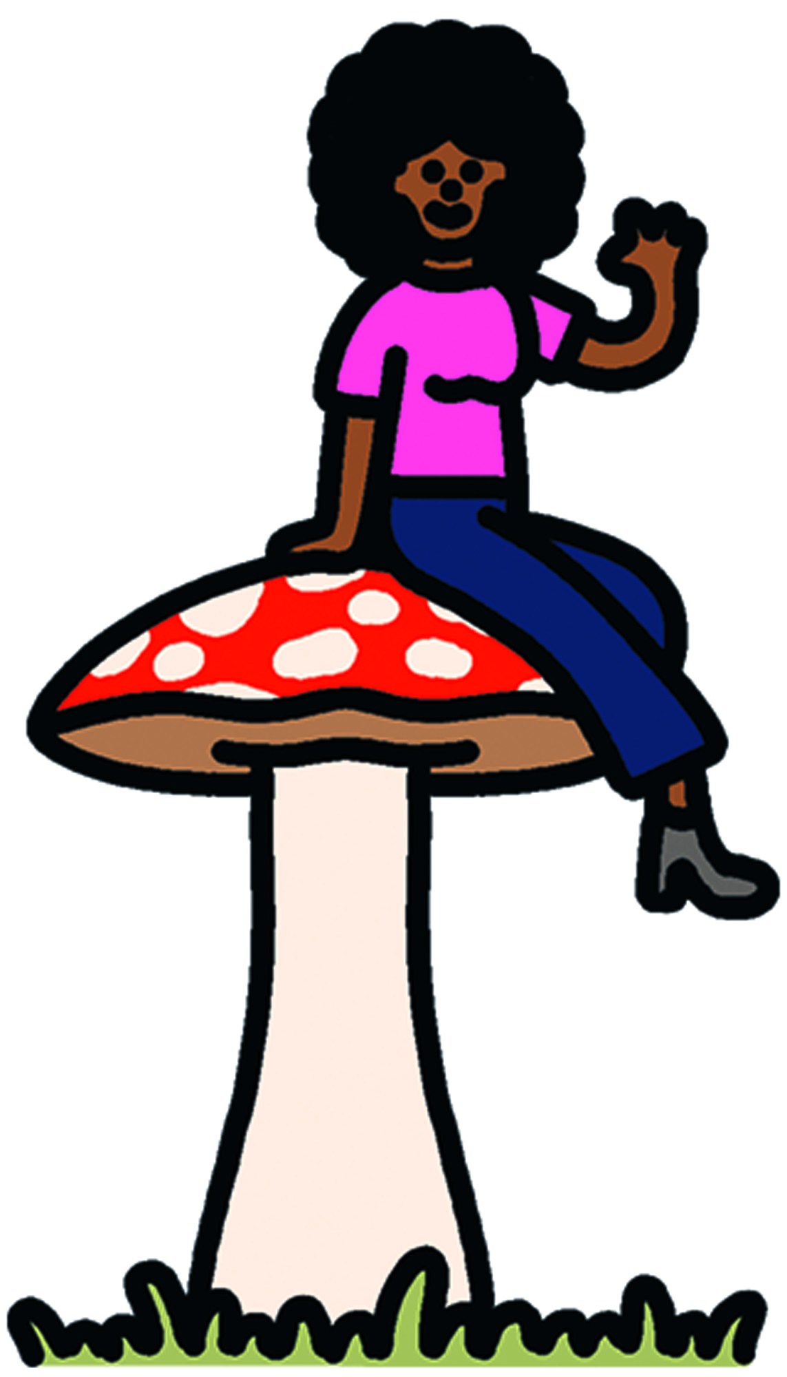 Illustration of a smiling figure with afro hair sitting on a red and white spotted mushroom.