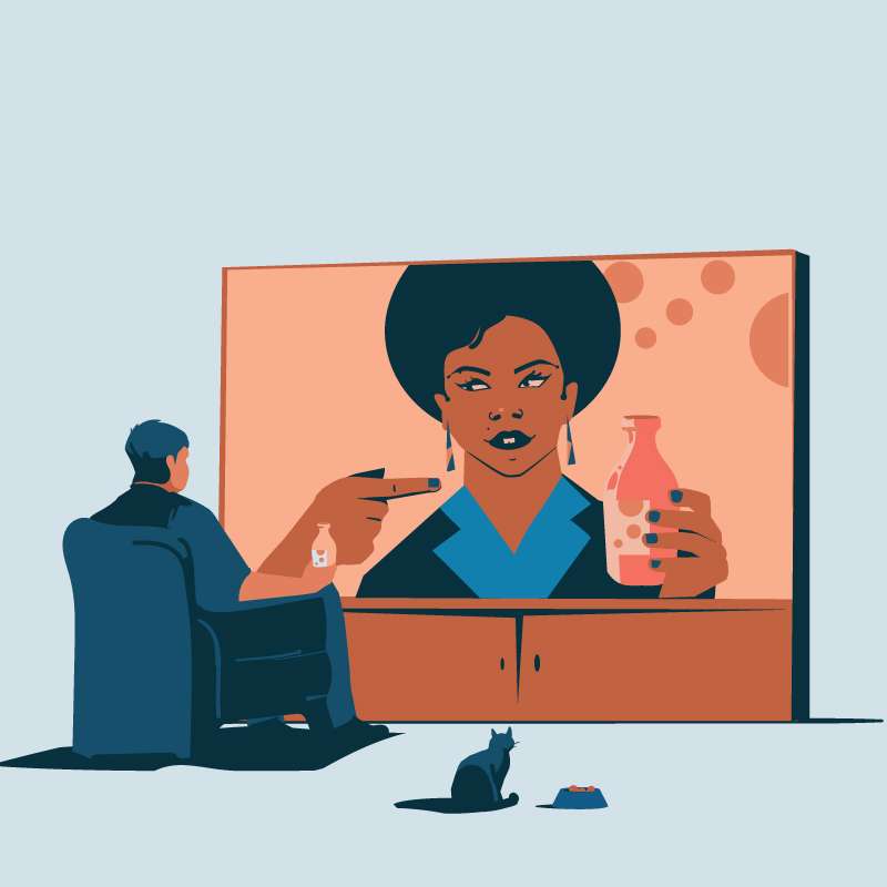 Illustration of a figure sitting before a large screen displaying a woman's portrait in warm tones.