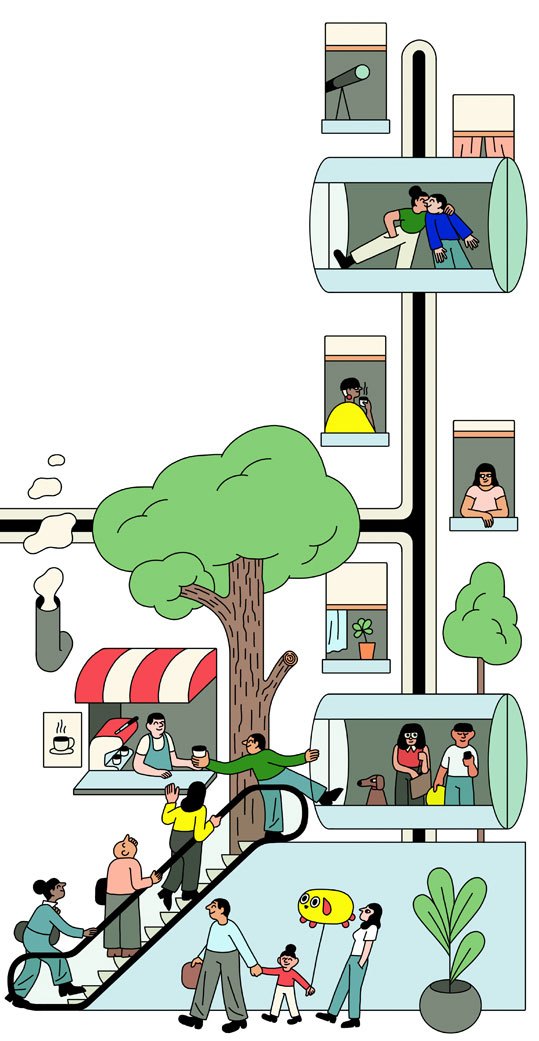 Illustrated cross-section of modern building showing people using elevators and living spaces in vertical urban environment