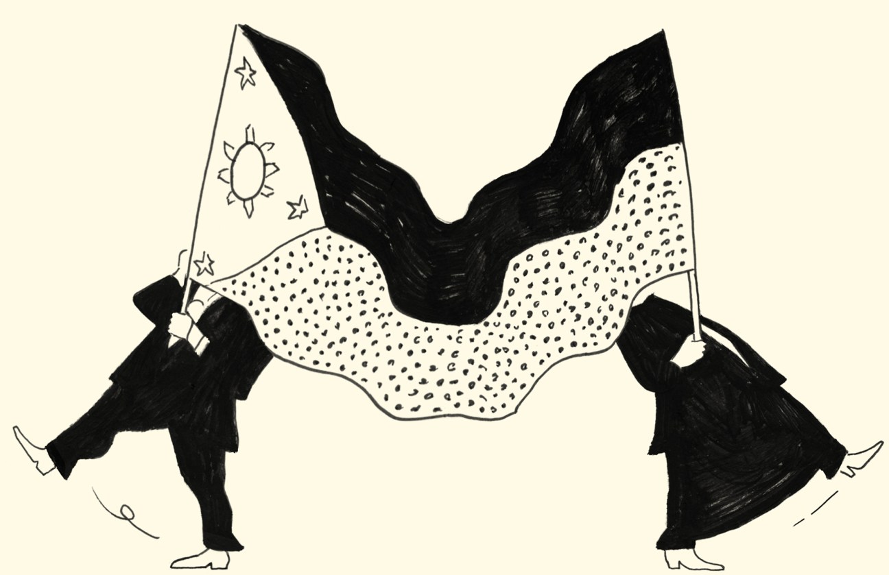 Illustration of two figures in suits holding flags with sun and star symbols, representing Philippine politics.