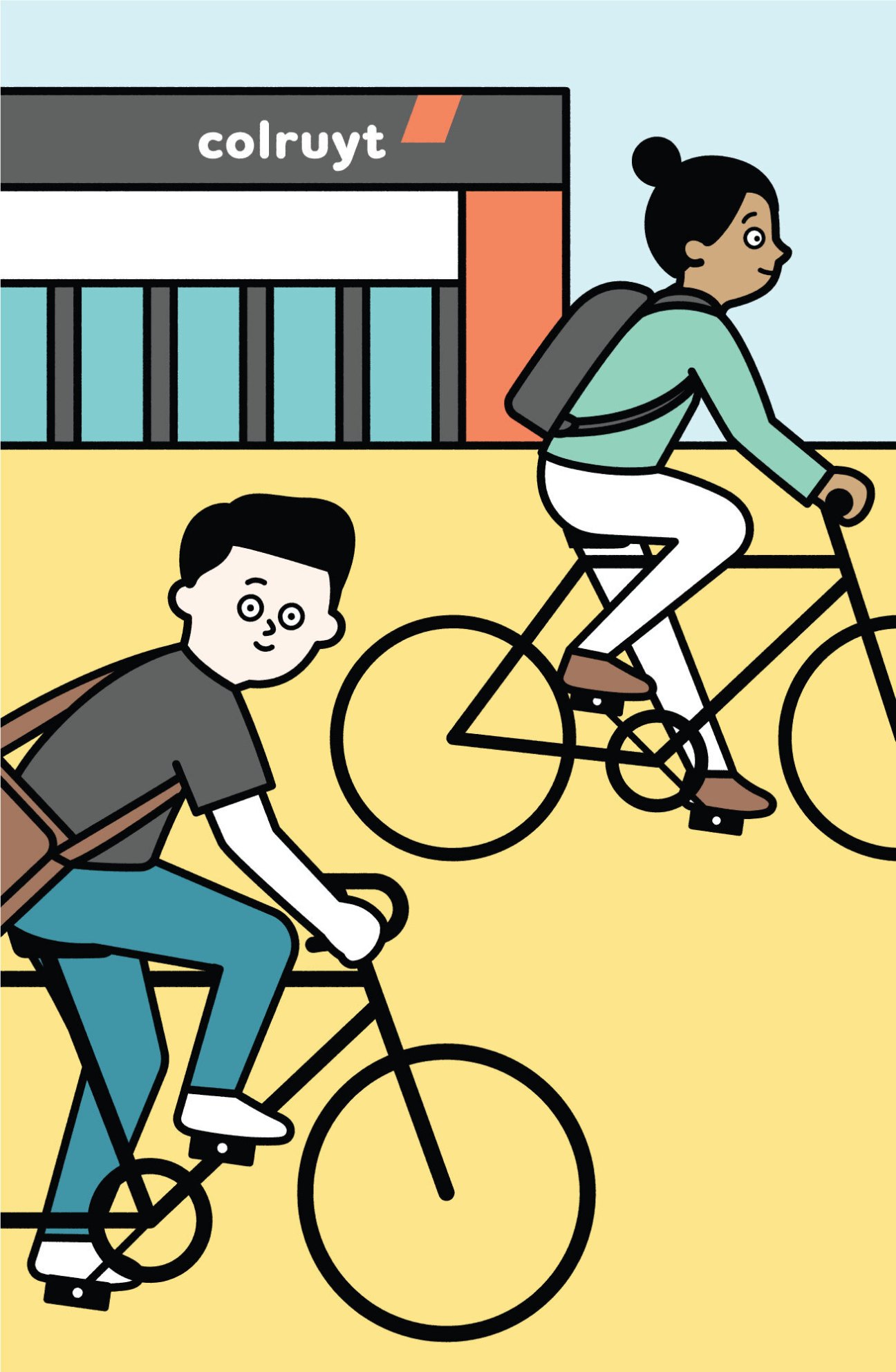 Illustrated figures riding bicycles past a Colruyt supermarket storefront with blue windows and orange signage.