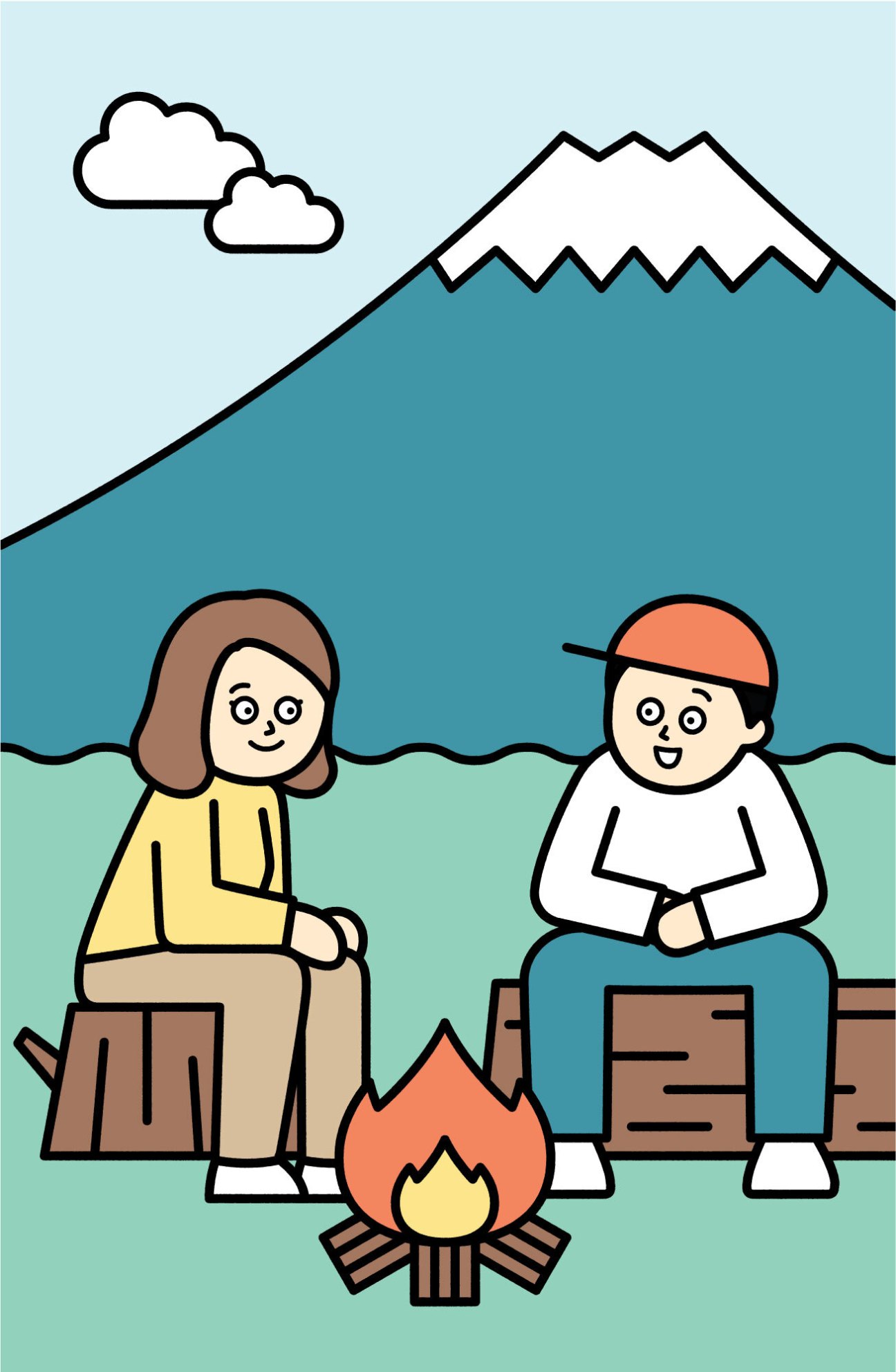Illustration of two people sitting by a campfire with a snowy mountain in the background.