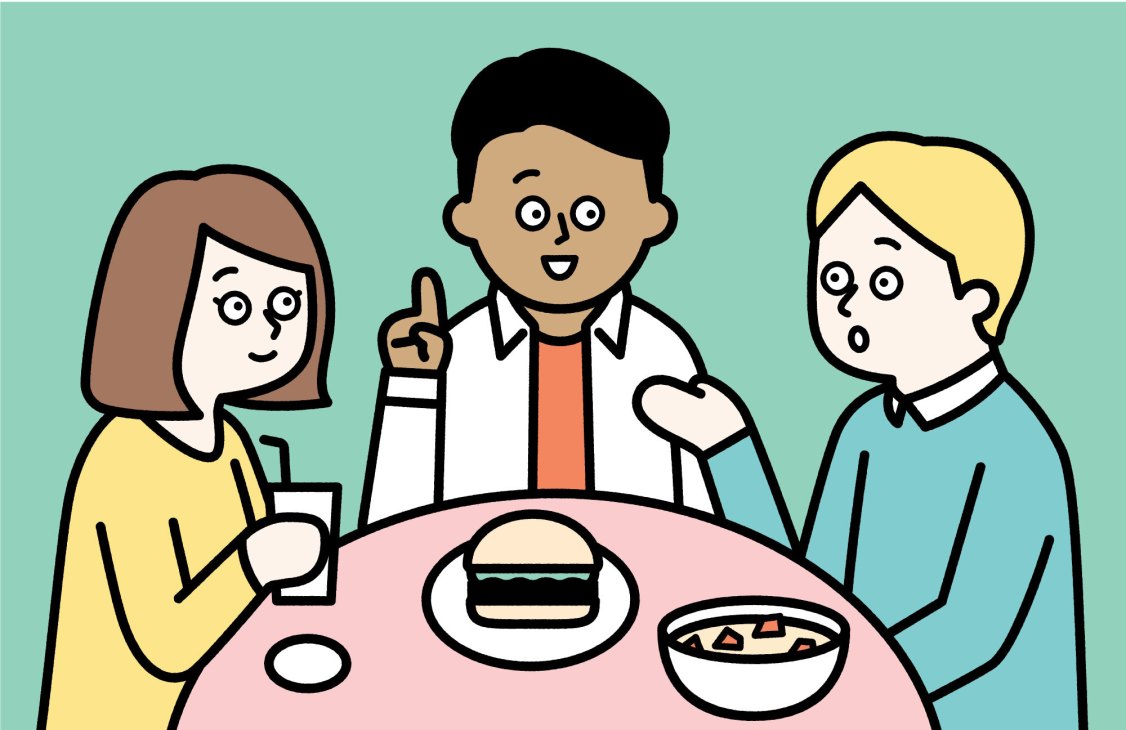 Illustration of three people dining together at a pink table with a burger, bowl of food, and drinks.