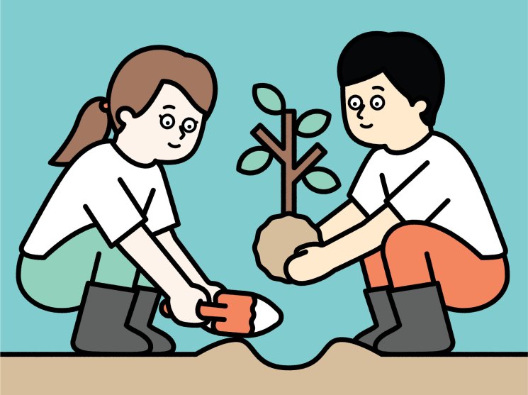 Illustration of two people planting a seedling together in soil against a turquoise background.