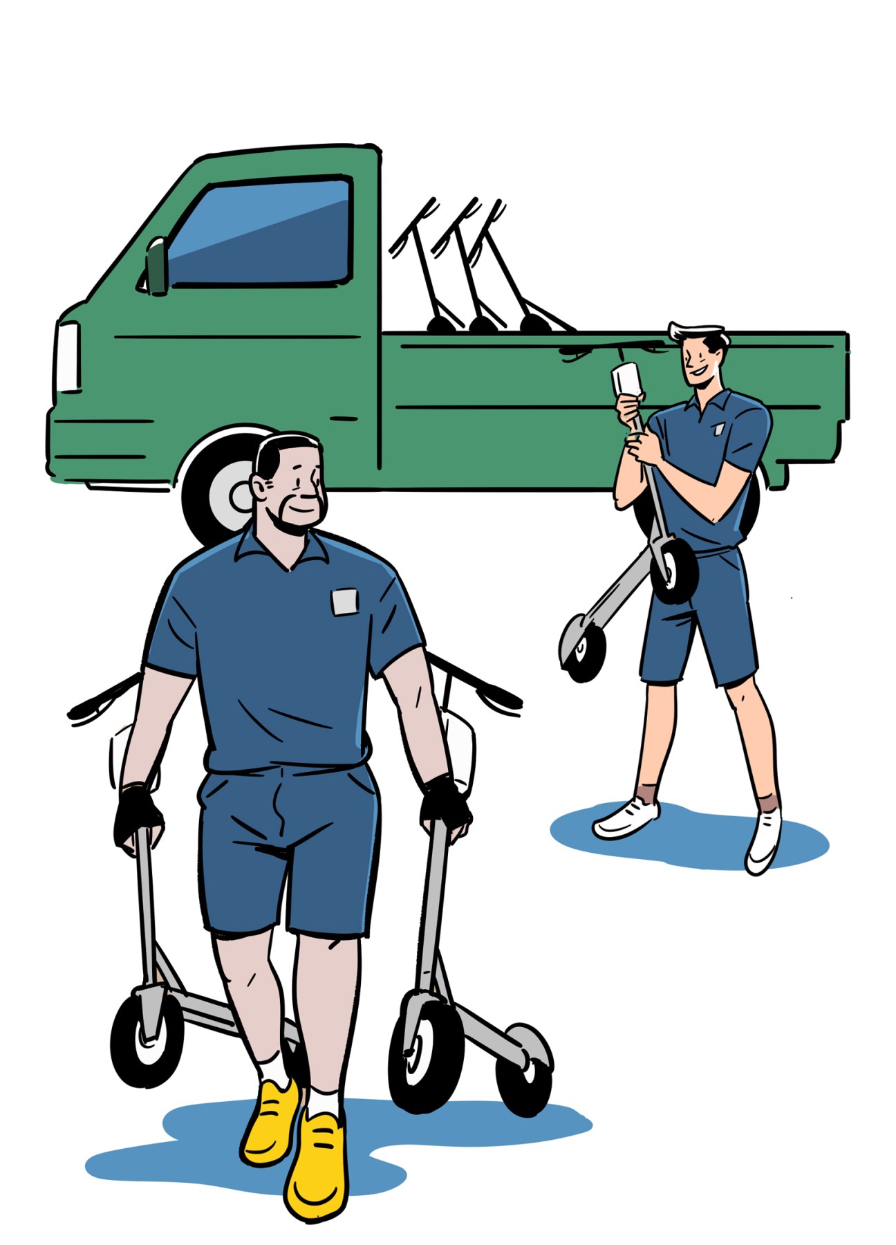 Two workers in blue uniforms collecting electric scooters, one using a mobility walker and one holding scooters