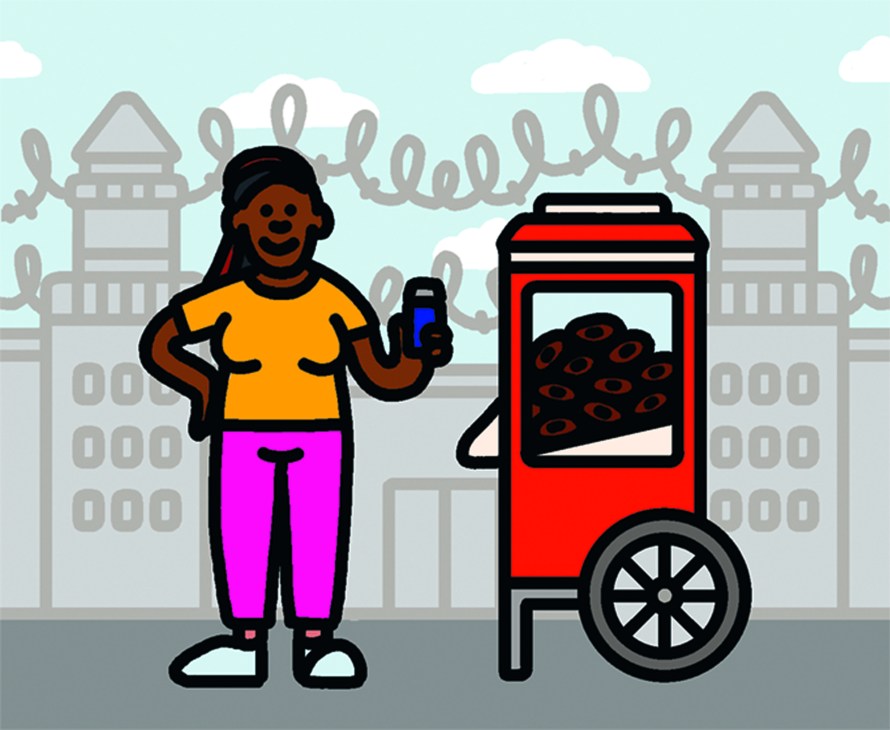 Illustration of a woman in yellow shirt and pink pants holding a phone next to a red vending machine with donuts displayed inside.