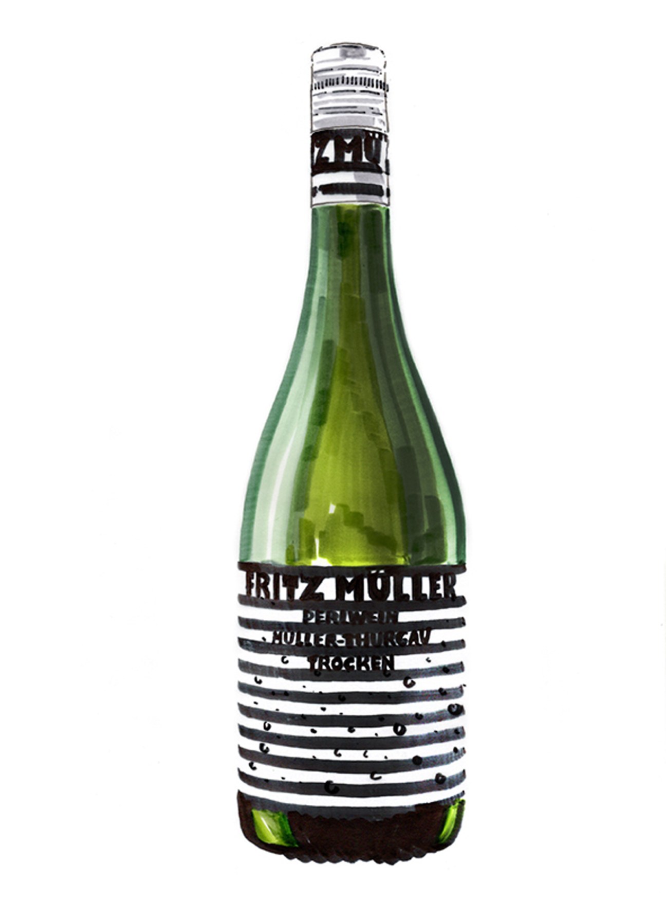 Bottle of Fritzmuller wine with black and white striped label against white background.