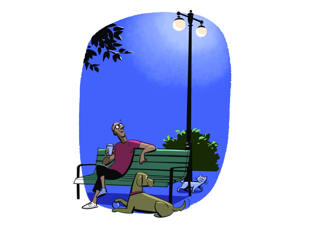 A man relaxing on a park bench at night under warm street lighting with a dog and cat nearby