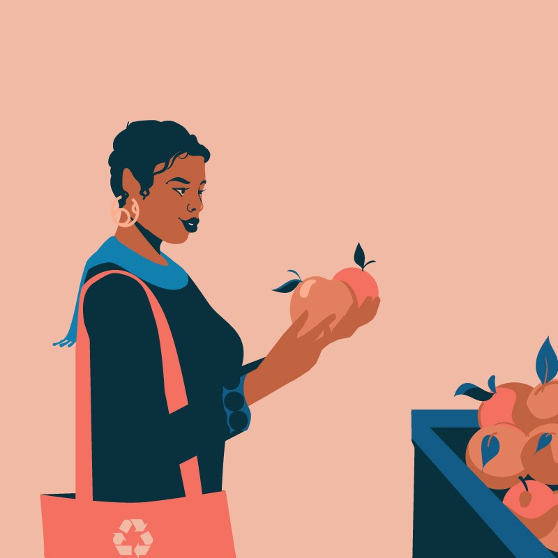 Illustration of a woman holding an apple with a recycling symbol on her bag against a peach background.