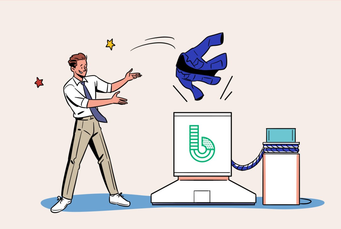 Businessman in office setting throwing blue jacket while using rope-connected equipment in modern workspace
