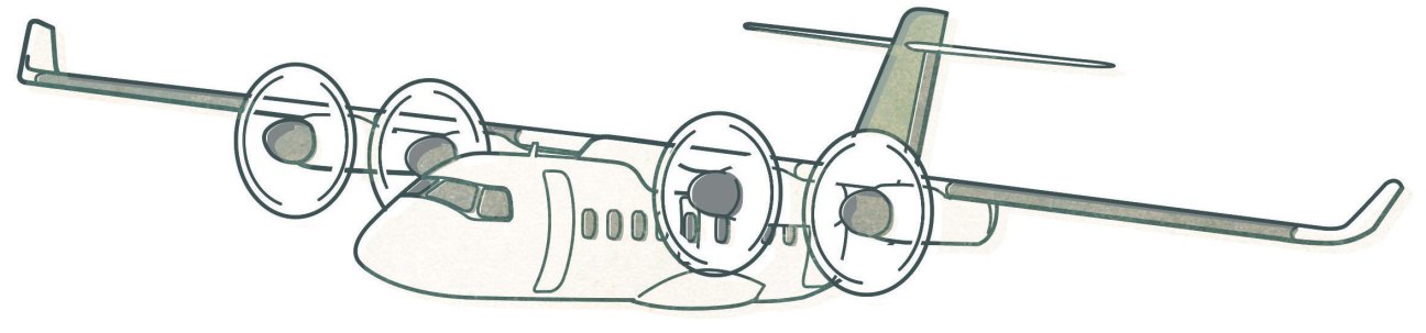White aircraft with four propeller engines and high-mounted wings in technical illustration style