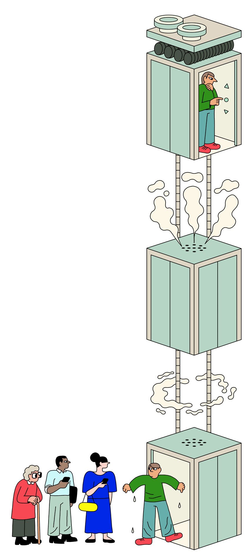 Whimsical illustration of a multi-level elevator system with people inside and steam coming from pipes