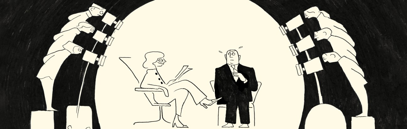 Illustration of a studio interview setup with two figures seated under stage lights surrounded by camera operators.