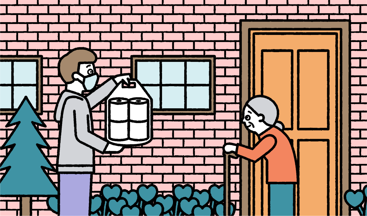 Illustration of a person delivering supplies to a neighbor at their doorstep during lockdown.