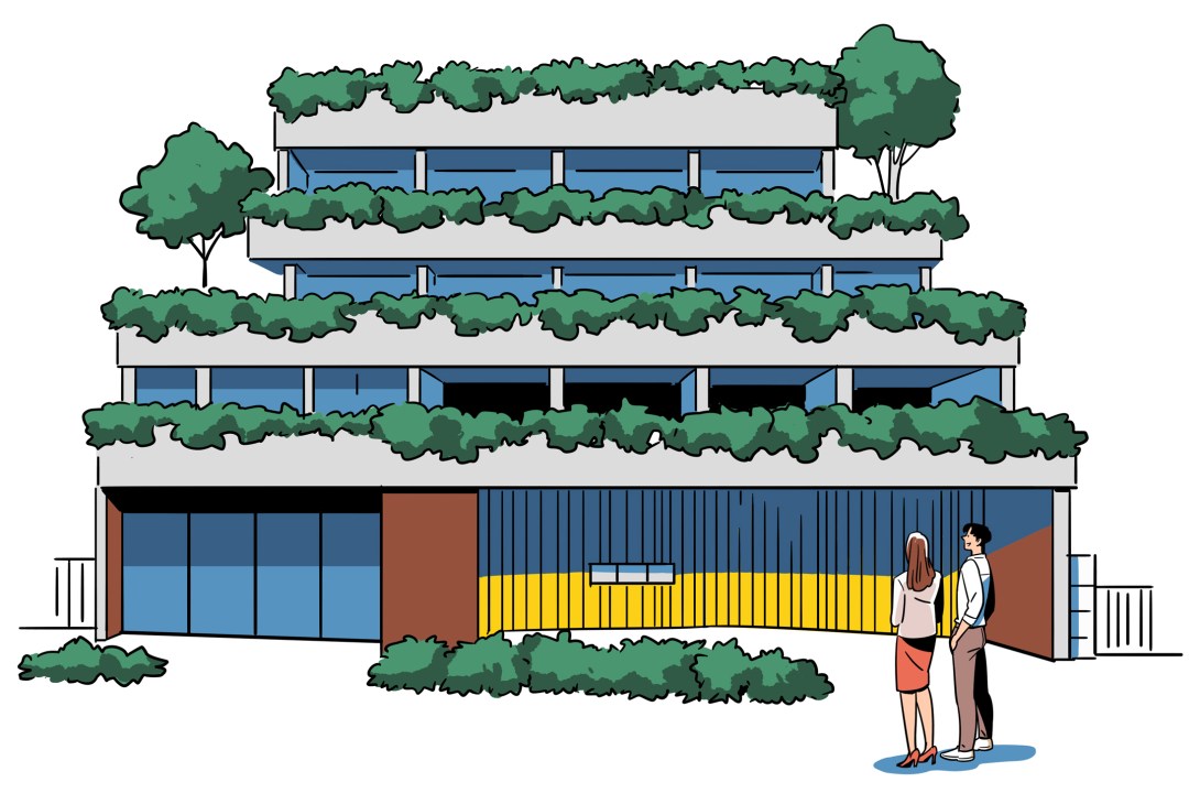 Multi-story building with extensive green vegetation covering balconies and terraces on each level