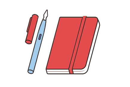 Wine-coloured Moleskine notebook with Lamy fountain pen featuring red and blue design