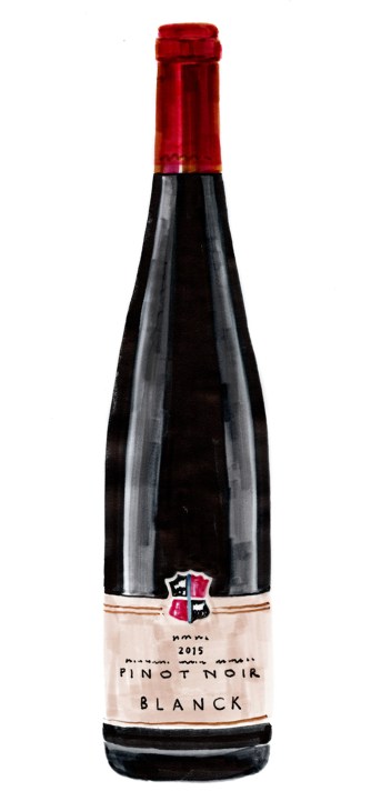 Bottle of 2015 Pinot Noir F by Domaine Paul Blanck from Alsace, France with red foil cap and cream label.