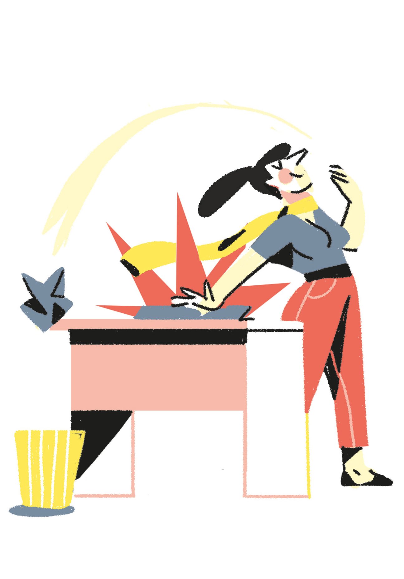 An illustration showing a person reacting defensively to a laptop with explosive red shapes emerging from the screen