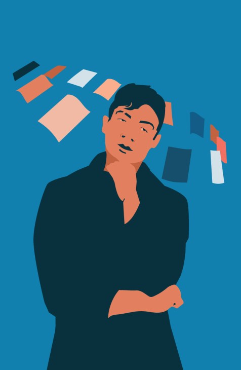 Illustration of a person with crossed arms in thoughtful pose surrounded by floating rectangular shapes