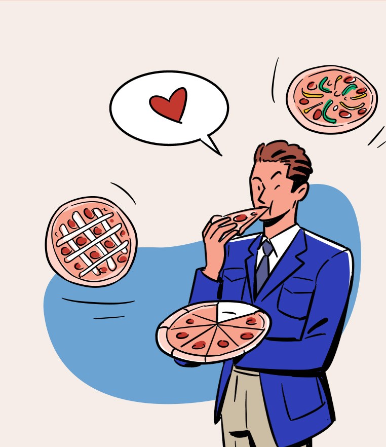 Business professional in suit eating pizza with heart speech bubble showing his love for different pizza varieties
