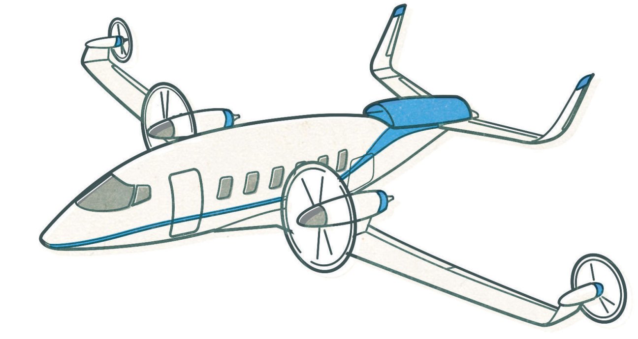White aircraft with blue accents and twin propellers mounted above wings in technical illustration style