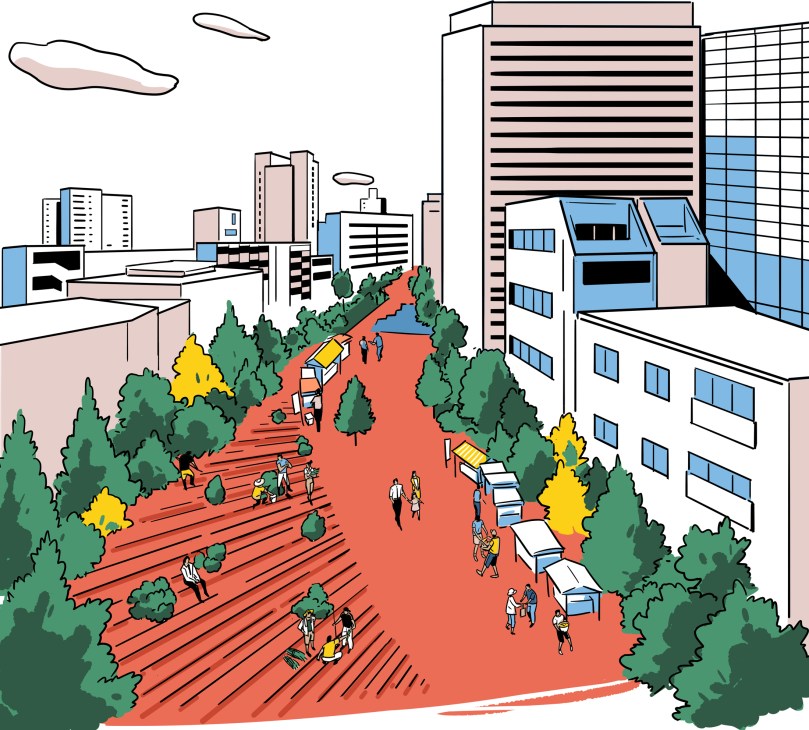 Urban linear park with elevated walkways, green spaces, and farming areas integrated into city landscape