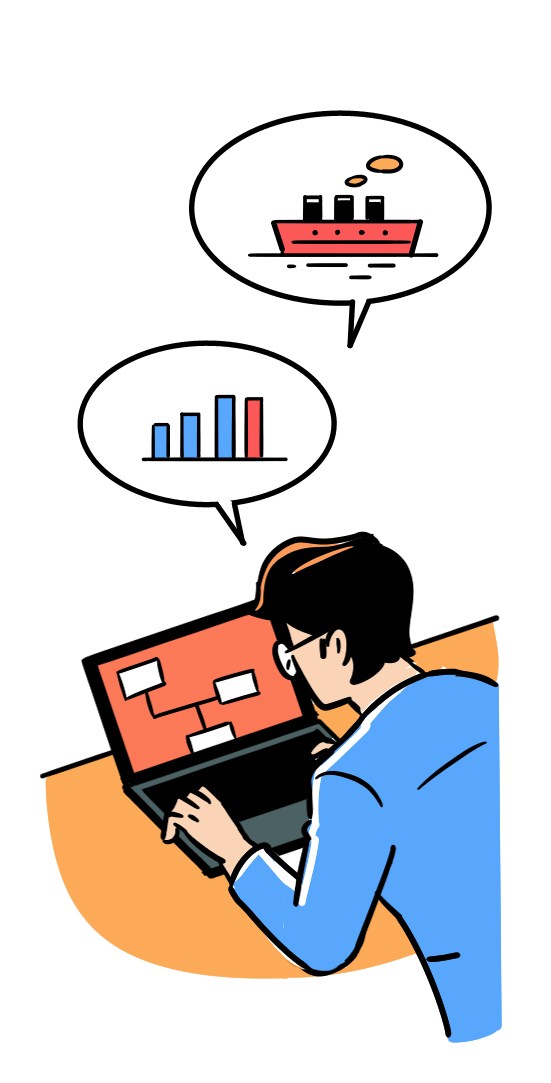 Person working at laptop with thought bubbles showing ship and bar chart illustrating business expansion concepts