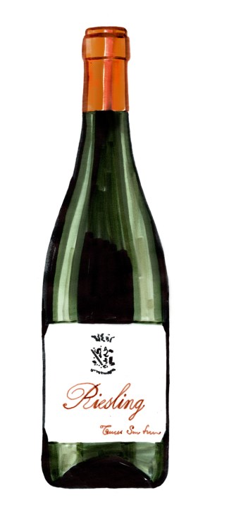 Bottle of Riesling 2018 from Tenuta San Leonardo with green glass and orange foil capsule.