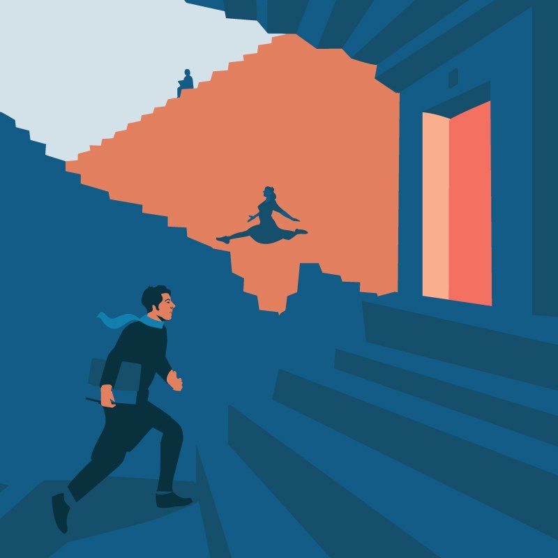 Illustration of a businessman running toward an open door with silhouettes jumping on a large coral-colored shape above.