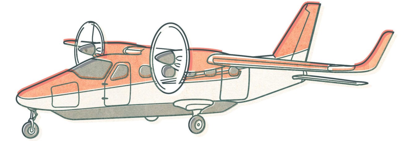 Orange and white twin-engine aircraft illustration with propellers and high wings