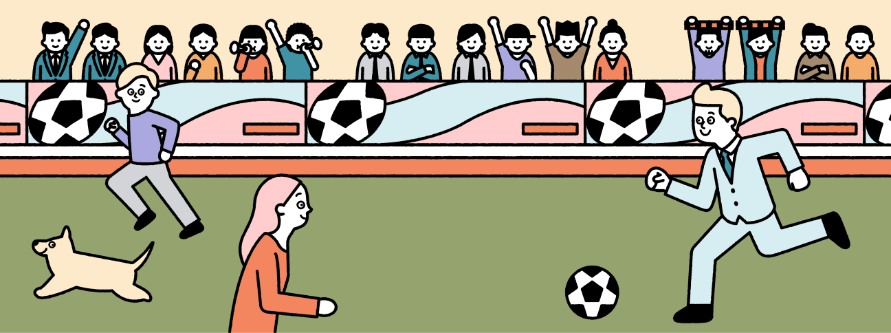 Illustration of a soccer match with spectators in stadium stands, a player kicking a ball, a woman watching, and a dog on the grass field.