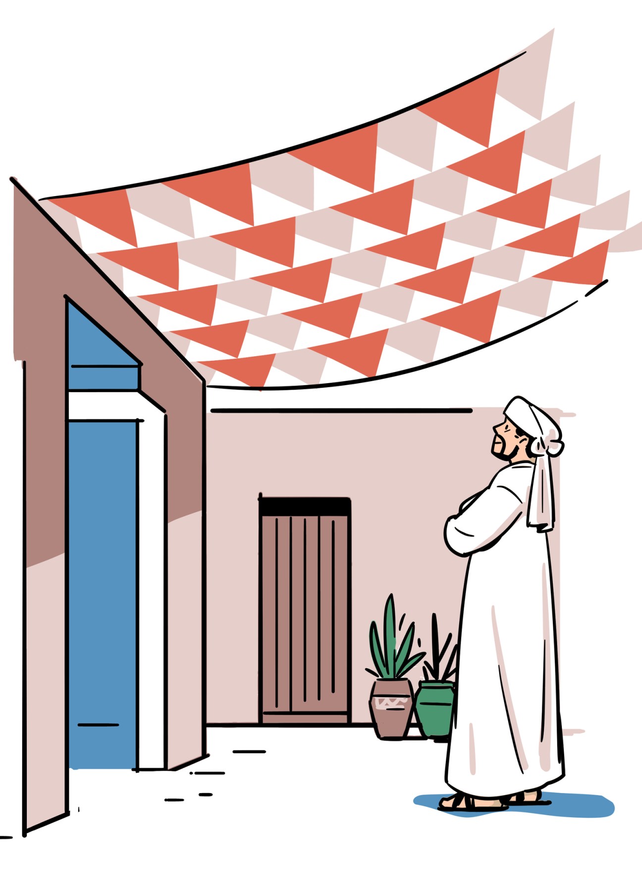 Illustration of person in traditional Middle Eastern dress standing under geometric patterned fabric canopy structure