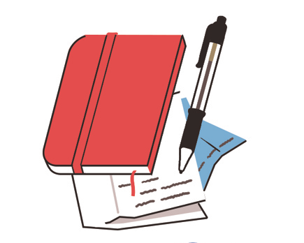 Black Pilot g-2 pen with red Moleskine notebook on restaurant receipt