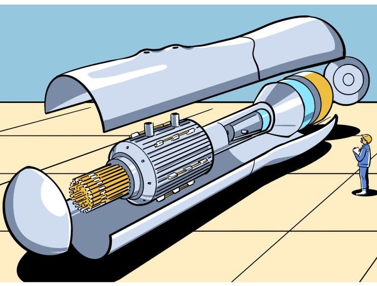 Cutaway illustration of a small modular nuclear reactor showing internal components and fuel assembly