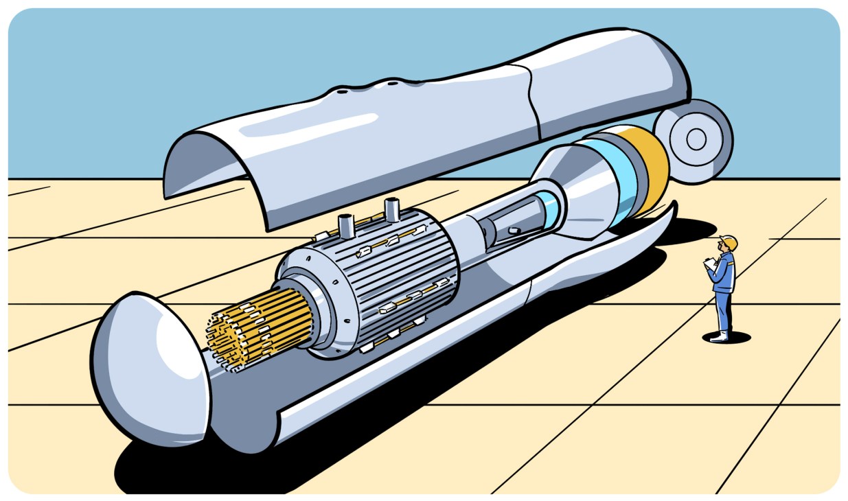 Cutaway illustration of a small modular nuclear reactor showing internal components and fuel assembly