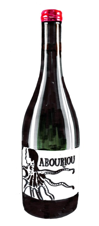 Abouriou 2018 red wine bottle with root illustration and red foil cap.