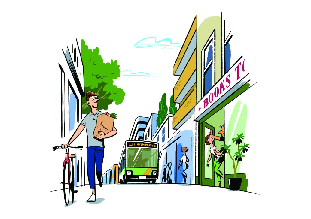 A cartoon illustration showing a cyclist, bus, and pedestrians sharing a city street with modern buildings